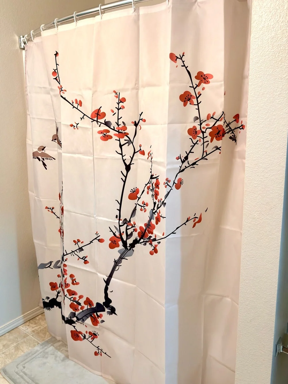Red Black Bird Blossom Shower Curtain Japenese Inspired